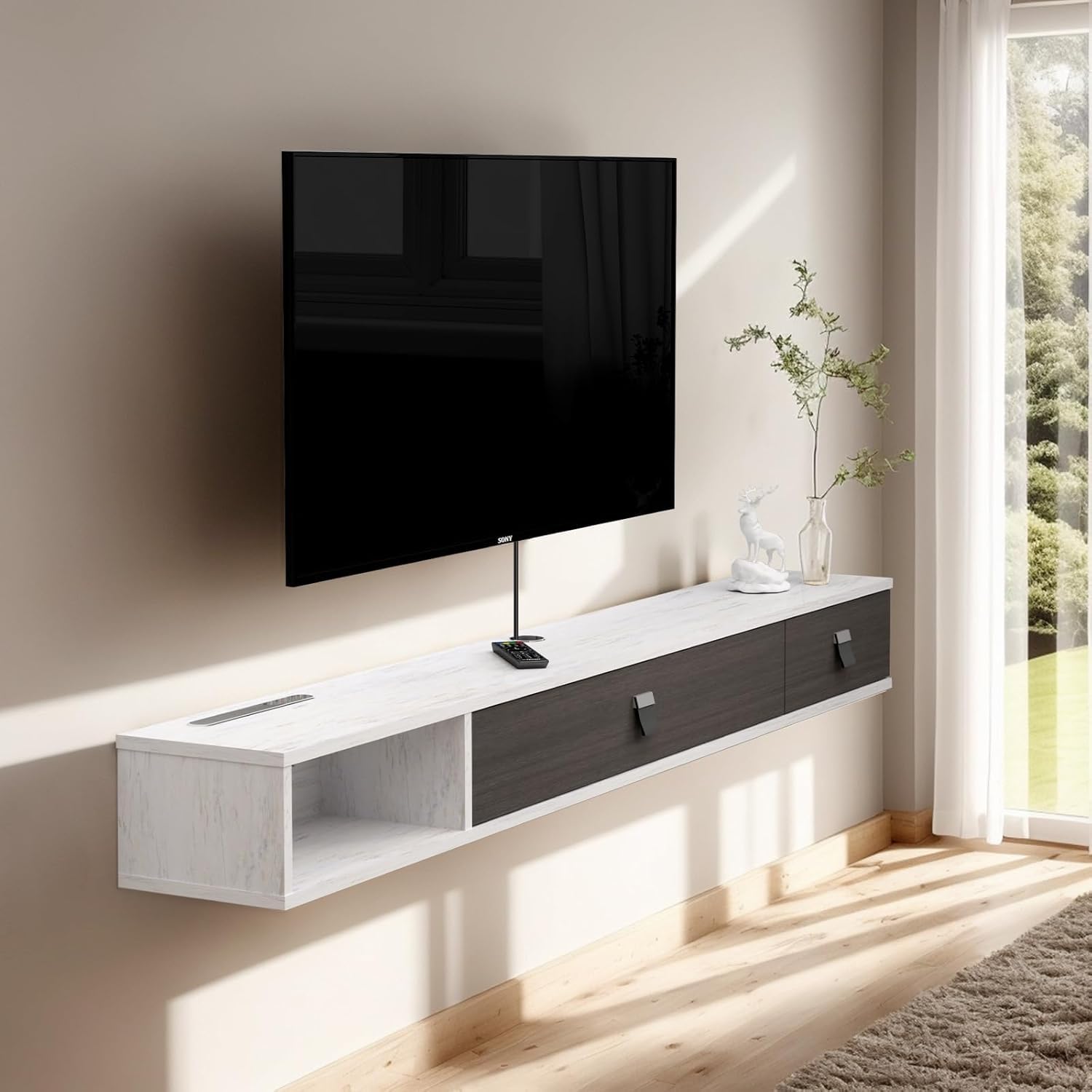 Pmnianhua Floating TV Unit, 55'' Wall Mounted TV Cabinet, Floating Shelves with 2 Doors, Modern Entertainment Media Console Center Large Storage TV Bench for Living Room & Office (140cm, Grey White)