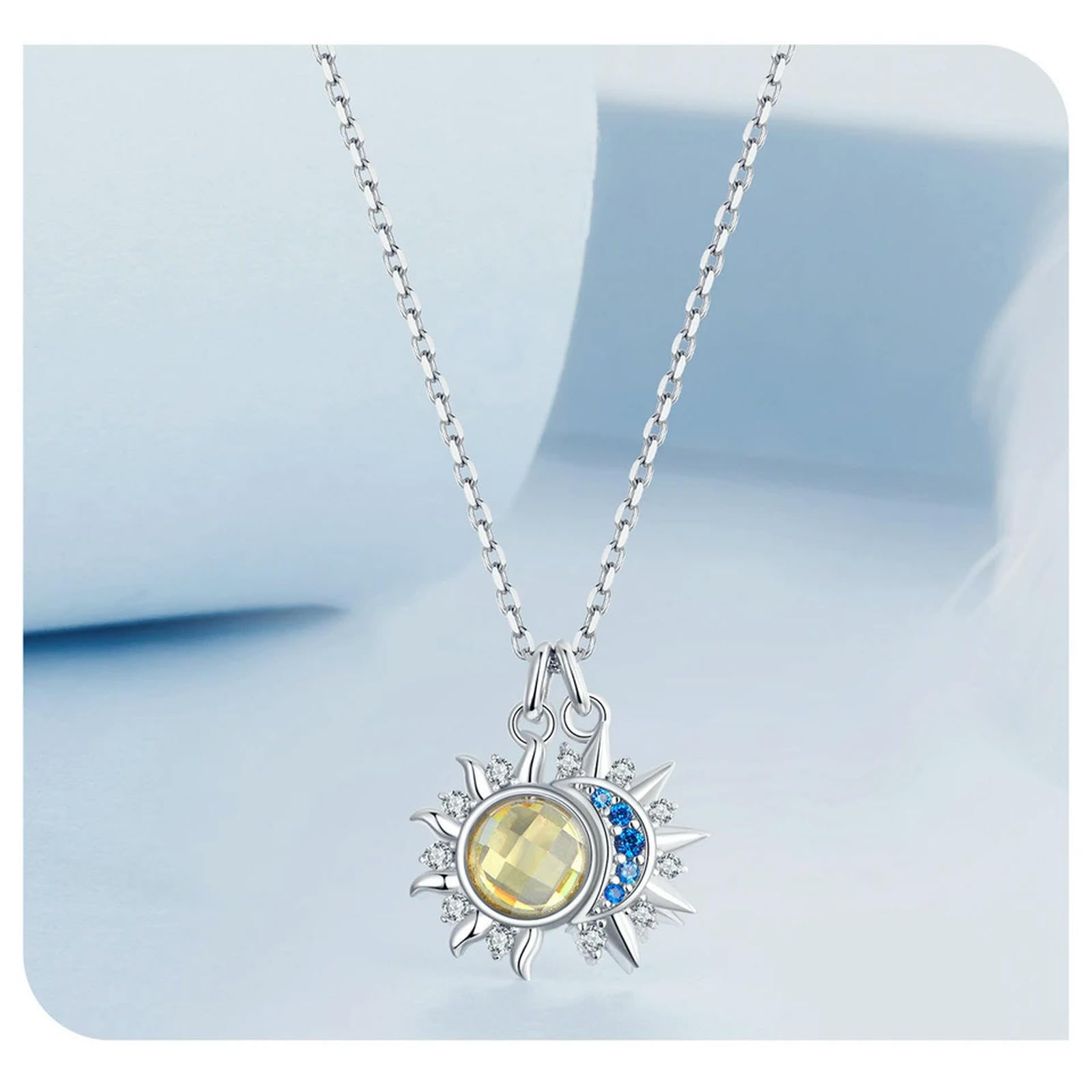Collana Con Ciondolo Energetico Sole E Luna In Argento Sterling 925 E Oro Bianco, Per Donna, Regalo Di Alta Gioielleria Per Feste
