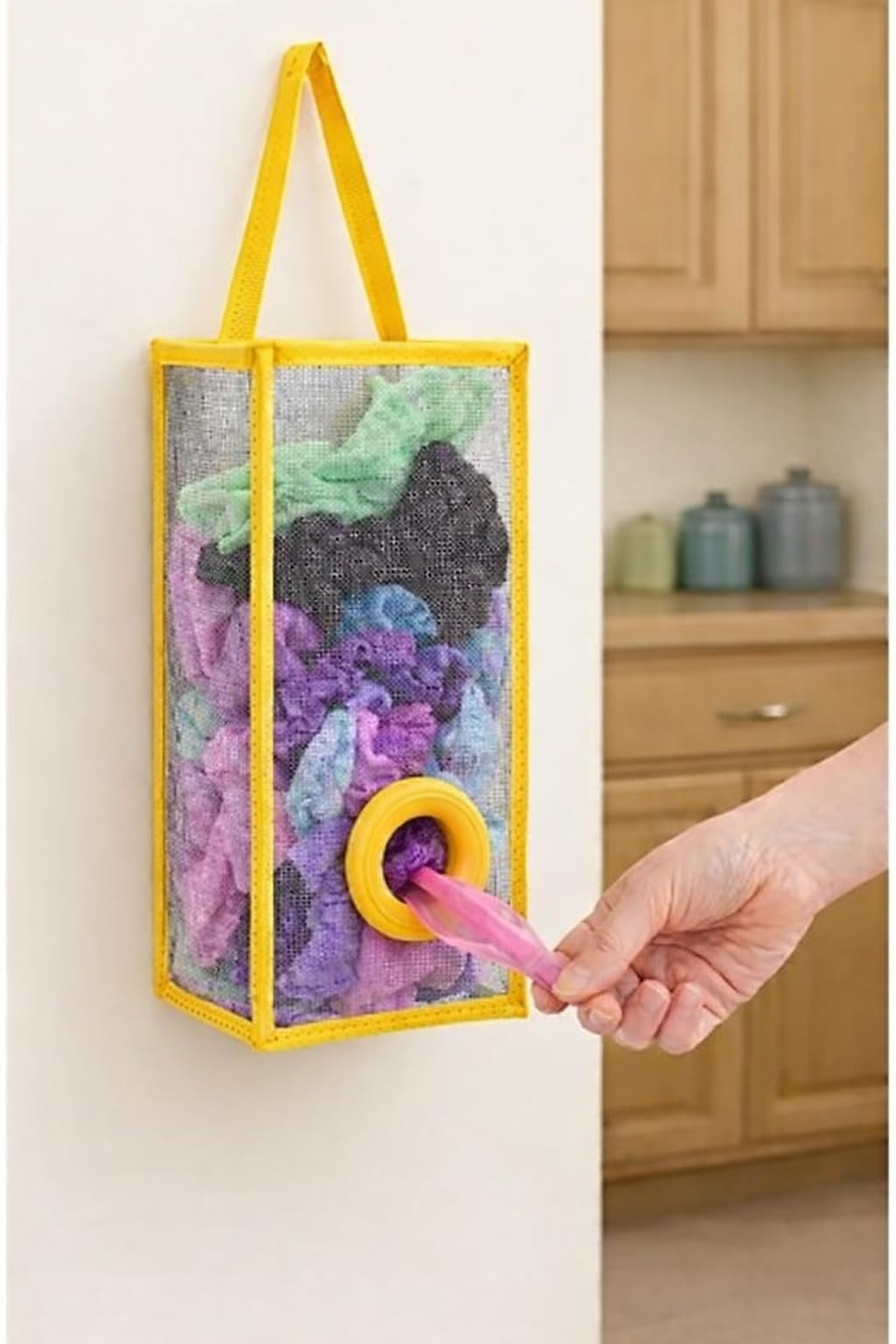 "Multi-Purpose Hanging Mesh Bag Holder | Reusable Plastic Bag Organizer for Kitchen & Home Storage" (Yellow, Pack of 1)-image-22