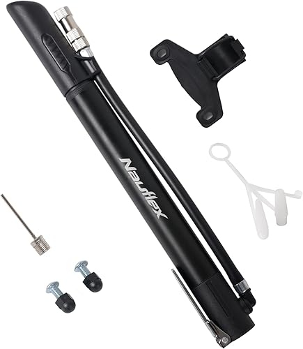 NAUFLEX Mini bomba de bicicleta para válvula Schrader y Presta incluyendo aguja de bola - Bomba de aire de bicicleta portátil y compacta 6 bar