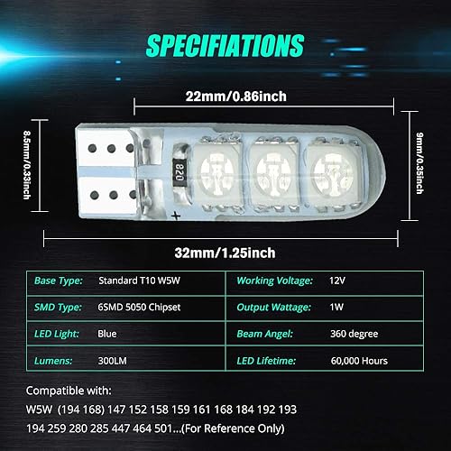Miniatura 7 de YEERON 20 bombillas LED 168 194 T10 súper brillantes 6 x 5050SMD chips COB LED lámpara para luces de cuña de puerta de marcador lateral, blanco,