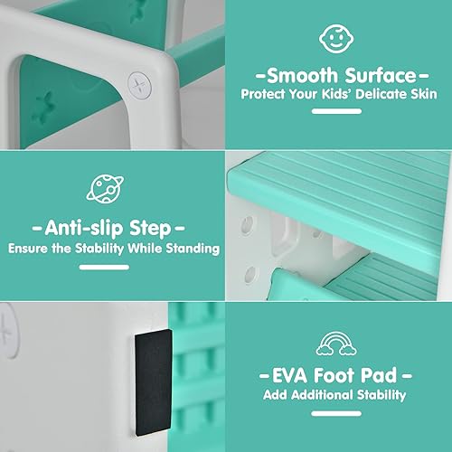 Miniatura 3 de Costzon Taburete de cocina para niños con doble riel de seguridad, taburete de aprendizaje para niños pequeños con 3 alturas ajustables y