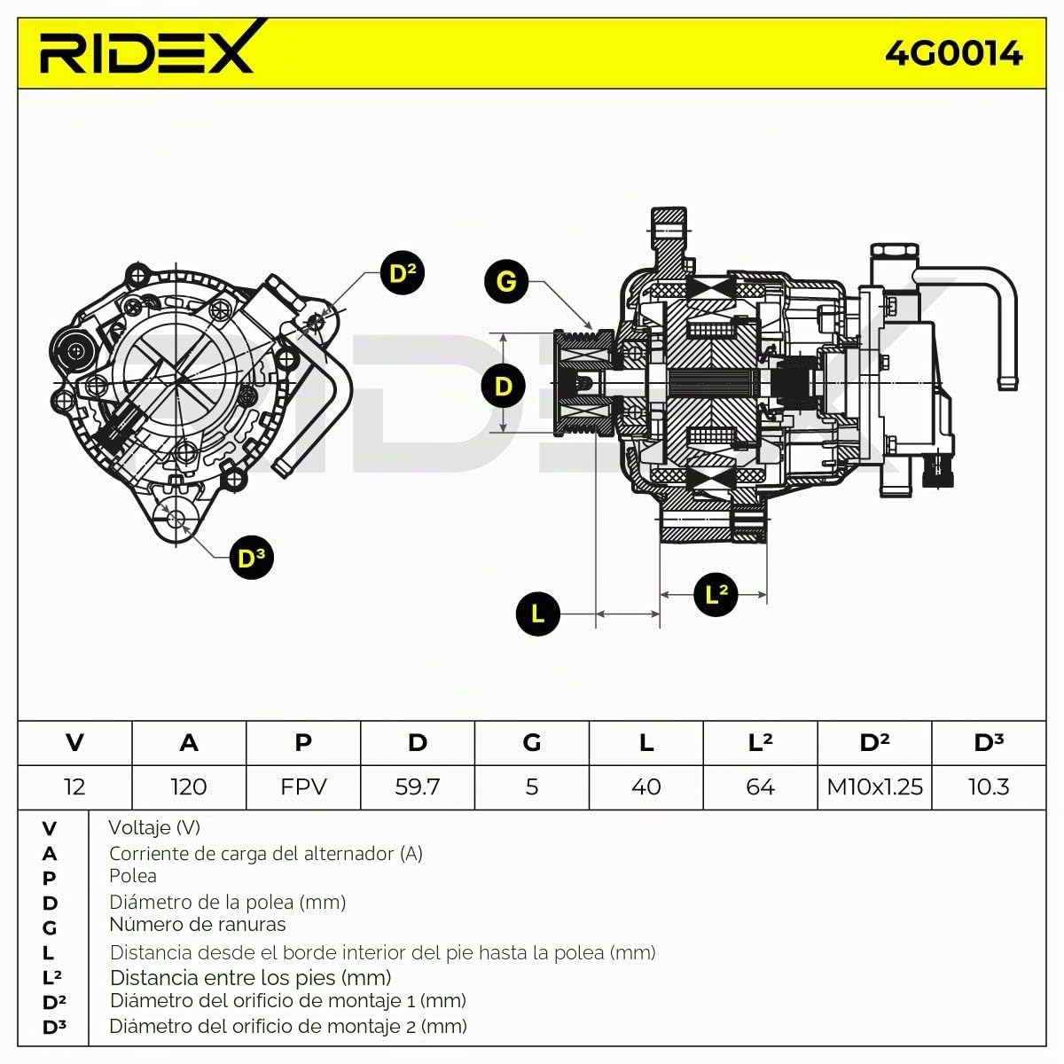 RIDEX 4G0014 Alternador 14V 120A Compatible con HYUNDAI SONATA V NF, KIA SPORTAGE JE, KM