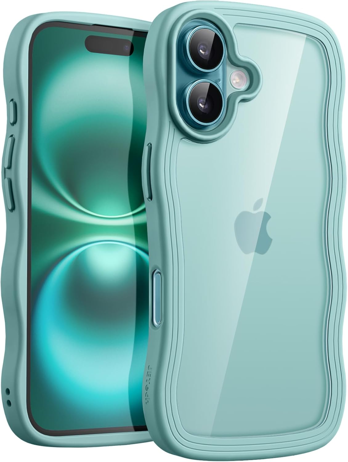 JETech Wavy Case for iPhone 16 Plus 6.7-Inch, Cute Wave Frame Curly Shape Shockproof Phone Cover for Women and Girls, Clear Hard PC Back (Teal)