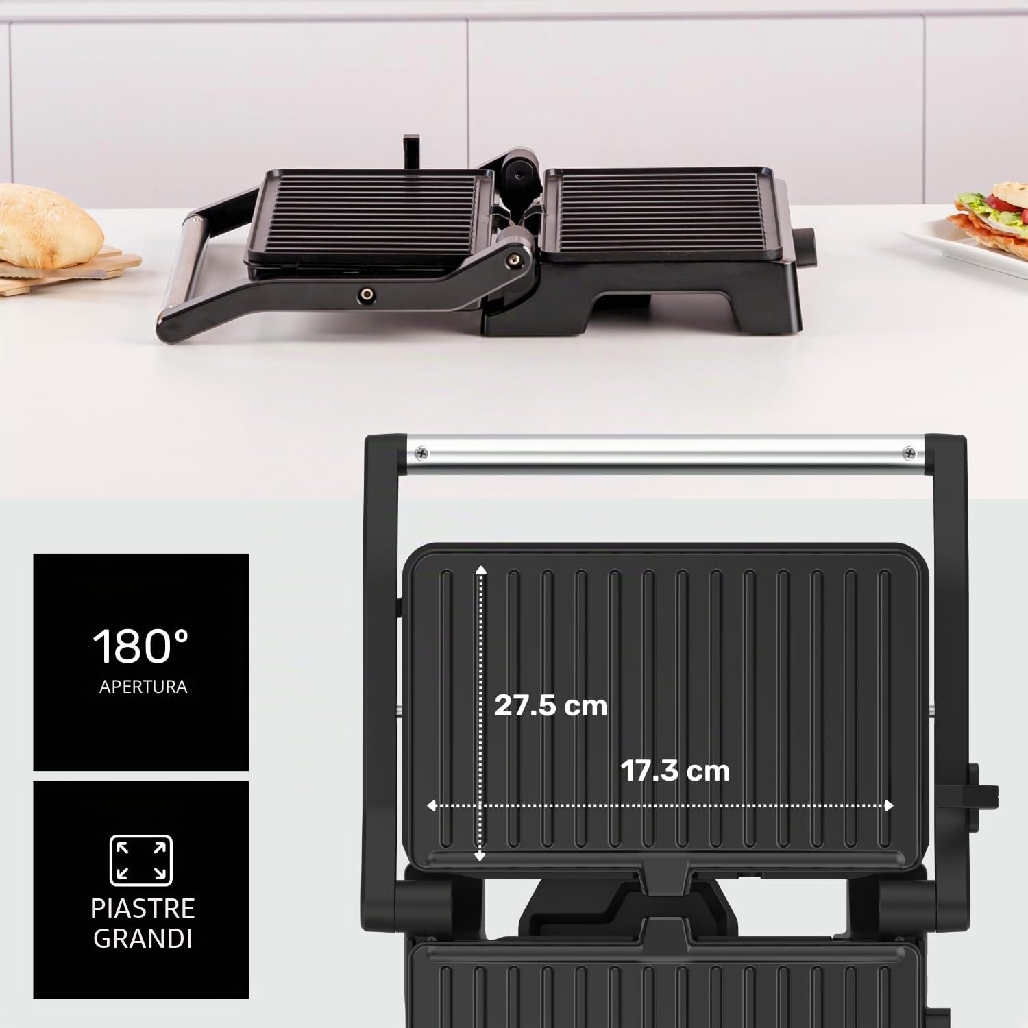 Taurus - Grill Elettrico Grill&Co GR1500X | 1500W | Piastre Antiaderenti 27,5x17,3cm | Coperchio Basculante 180º | Termostato Regolabile | Base Antiscivolo | Vaschetta Raccogligocce