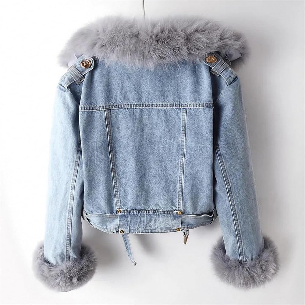 Chaqueta Vaquera con Cuello de Pelo cálido de Invierno para Mujer Chaqueta Corta de Felpa Gruesa con Forro elástico Chaqueta Holgada Desmontable de Invierno con Pelo Grueso