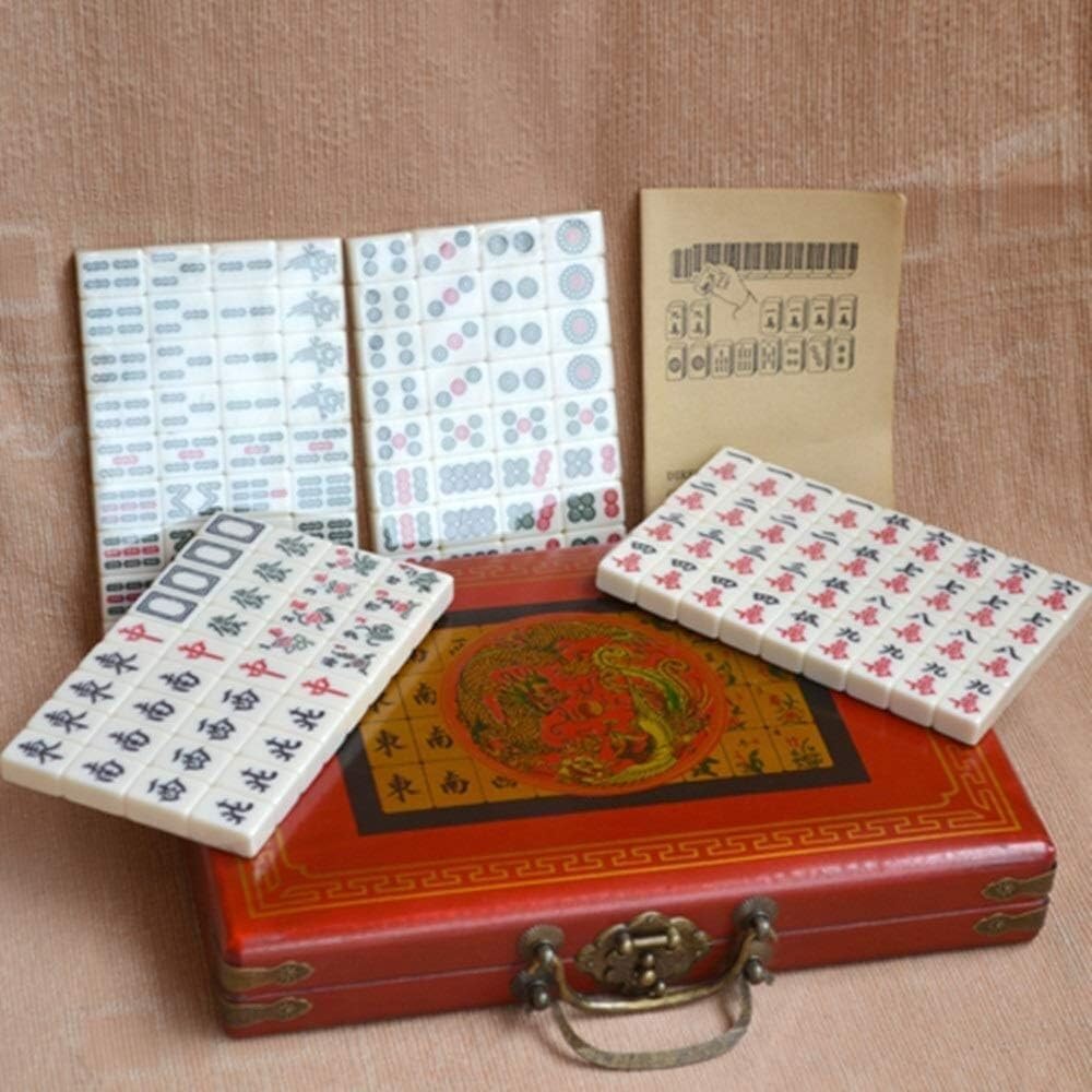 Juego de Mahjong Antiguo Mini Juego de Mahjong con Estuche de Madera Caja de Regalo Retro pequeña de Mahjong