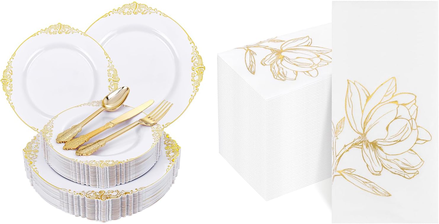 175PC White and Gold Plastic Plates & Gold Magnolia Napkins