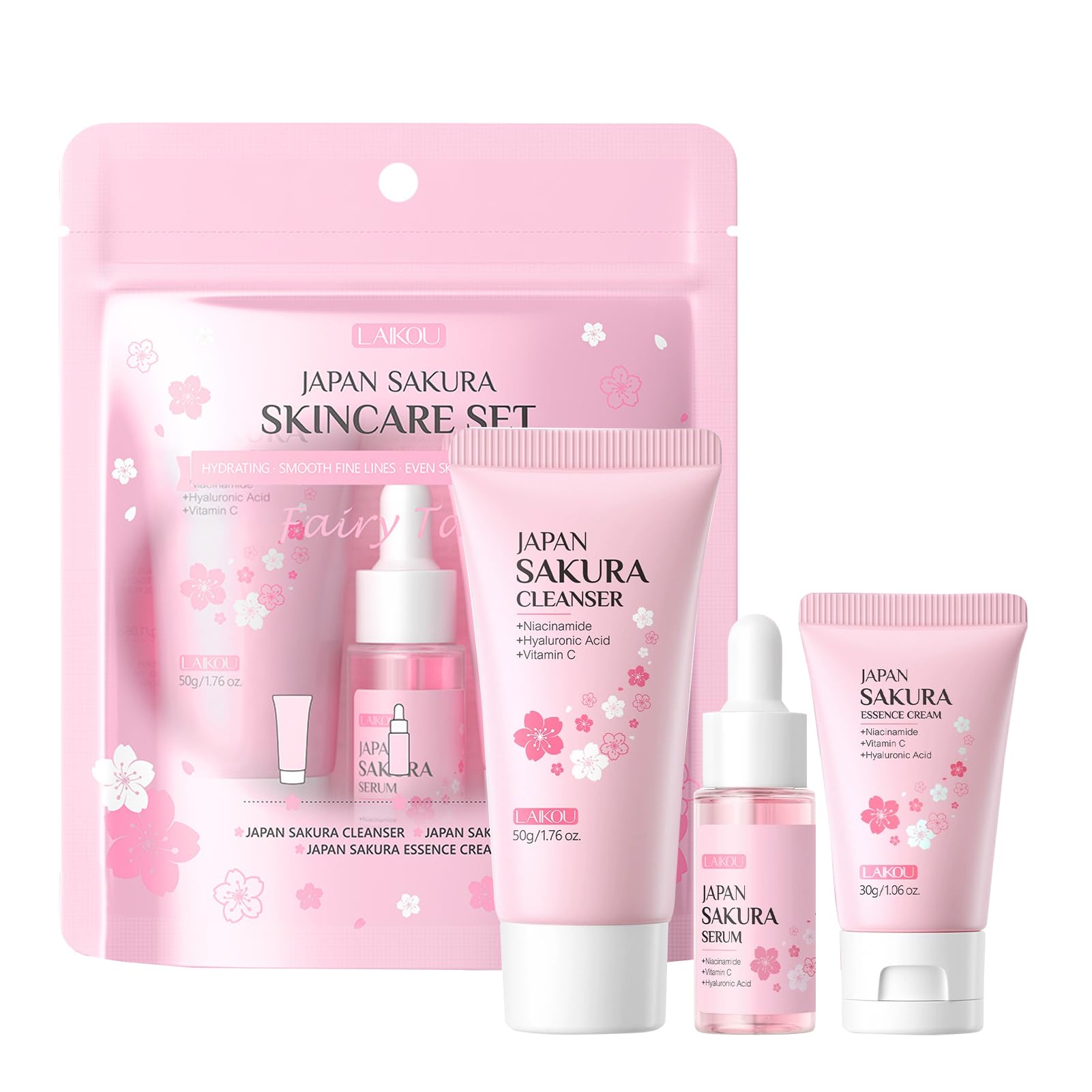 Sakura Ensemble de Soins de la Peau, Trousse de voyage avec Crème Nettoyante, Toner, Sérum, Set de Soins Hydratants, Coffret Cadeau de Soins de la Peau pour Adolescentes et Femmes