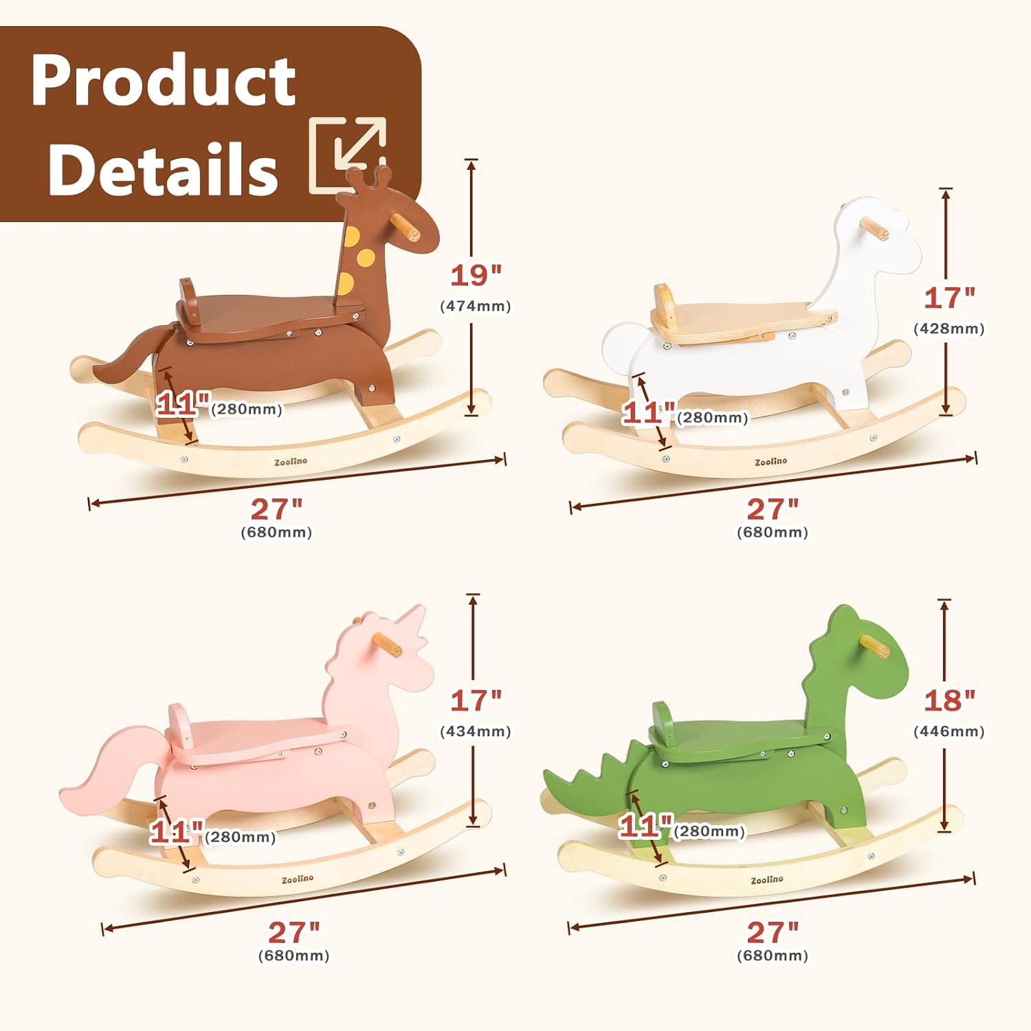 Wooden Rocking Horse for Toddlers 1-3, Baby Ride On Toy with Removable Secure Backrest & 50lb Capacity, Sheep Rocker for 1 Year Old Girl Boy Birthday Gift, Nursery Decor