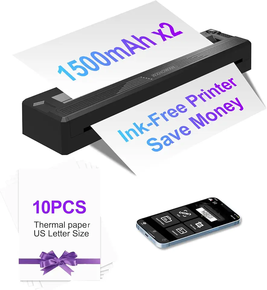 Impressoras portáteis sem fio para viagens, mini impressora térmica Bluetooth sem tinta de 300 DPI compatível com Android, iOS e laptop, suporta carta dos EUA de 21,6 cm x 28 cm, impressora portátil