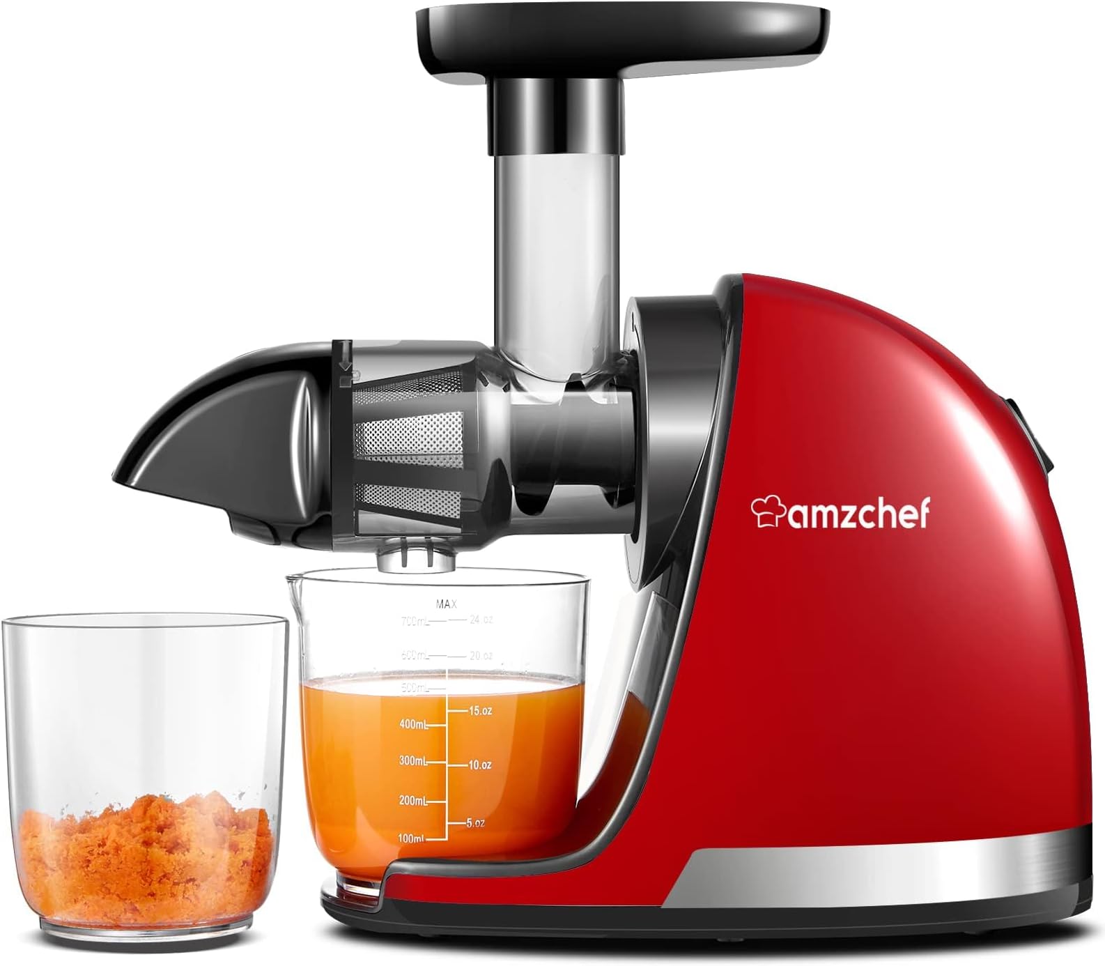 AMZCHEF Juicer Slow Juicer Vegetable and Fruit - Test Winner Electric Juicer with Reverse Chewing Function - Delicate Chopping, Easy to Clean with Brush & 2 Cups - Red