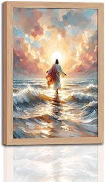 Framed Jesus Walking On Water Wall Art, Christian Canvas oil painting Religious Savior Pictures for Living Prayer Room Bedroom bedroom Wood Framed Can be hung directly 12x16in