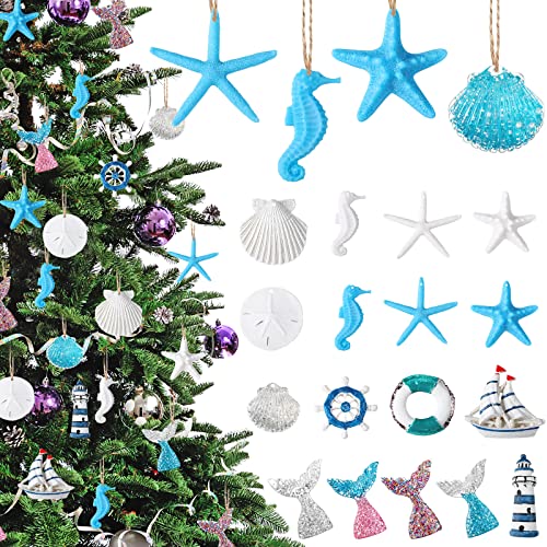 30 Pcs Ocean Beach Ornaments Christmas Hanging Decor Resin Starfish Seahorse Seashells Anchor Life Ring Sea Star Sailboat Christmas Tree Beach Theme Wedding Home Decor Diy Crafts #TOP3