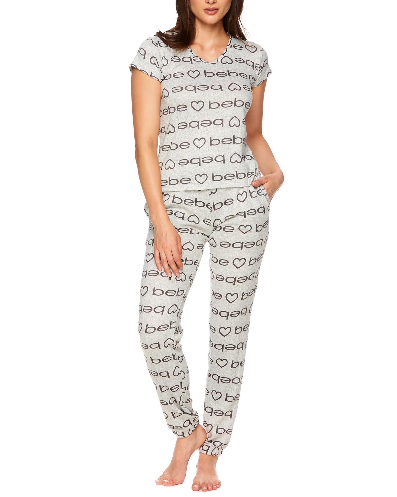 bebe Logo Pajama Sets for Women 2 Piece with Tee and Jogger Pajama Pants, PJs Sets for Women (Heather Grey, X-Large)
