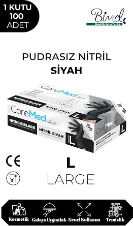 Siyah Nitril Eldiven - Tek Kullanımlık, Pudrasız, Çok Amaçlı, 100'lü Kutu - Dayanıklı ve Esnek