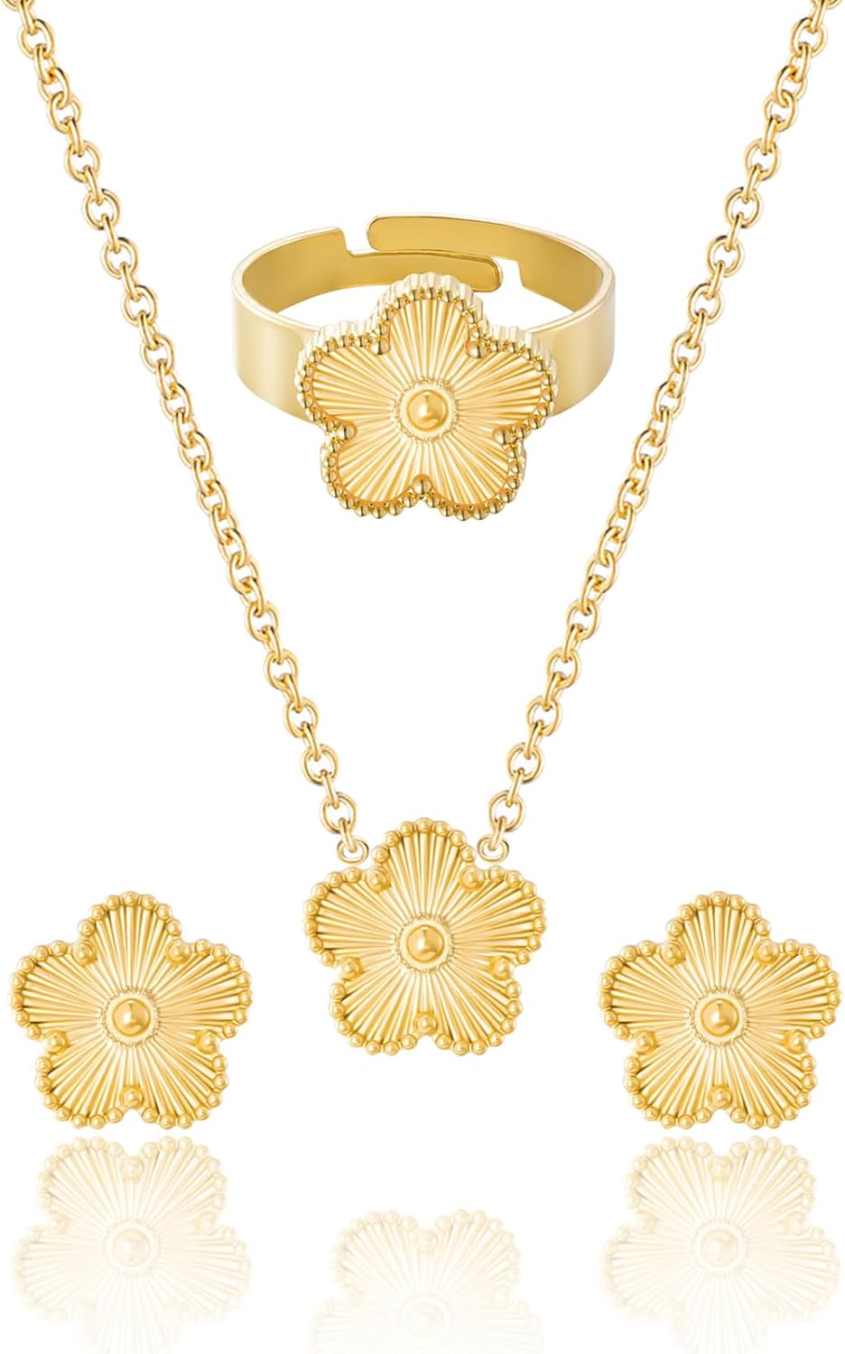Gold Plated Five Leaf Clover Necklace Rings and Stud Earrings Set for Women Lucky Flower Jewelry