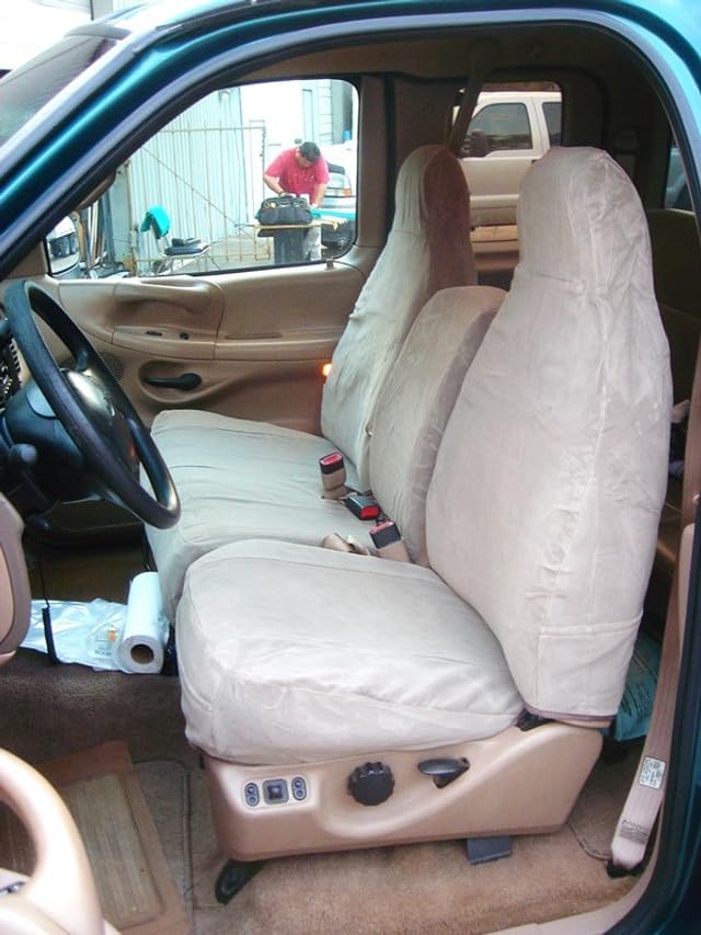 Durafit Seat Covers, F220 D4/W3 Made to FIT 1997-1999 Ford F150 High Back 40/60 Split Seat with Molded Headrests and Opening Console. Made in Two Tone Brown Twill and Tan Velour
