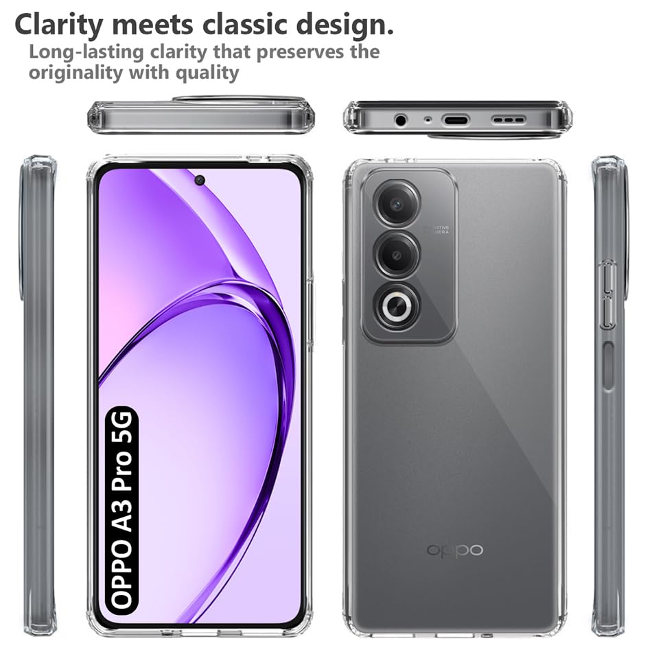 Image of Fashionury Crystal Clear Case for Oppo A3 Pro 5G | Yellowing Resistance | Transparent TPU Silicone | Raised Camera Lips | Slim Transparent Cover