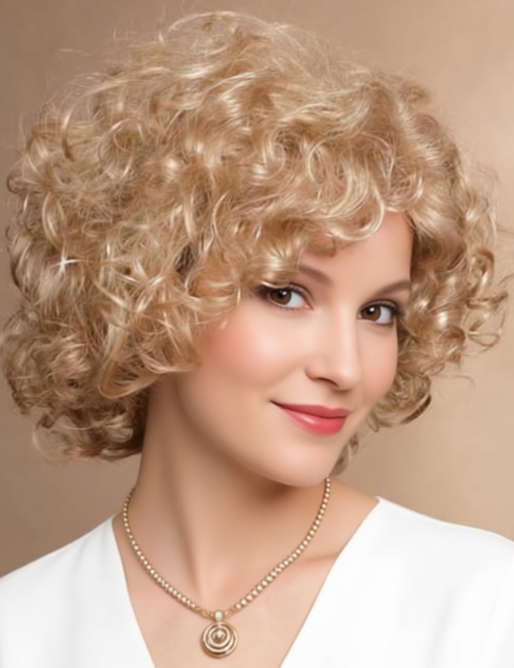 TISHINING Short Blonde Curly Wigs for White Women with Bangs Full Bouncy Curly Mixed Blonde Synthetic Short Hair Wigs for Women Natural Looking Heat