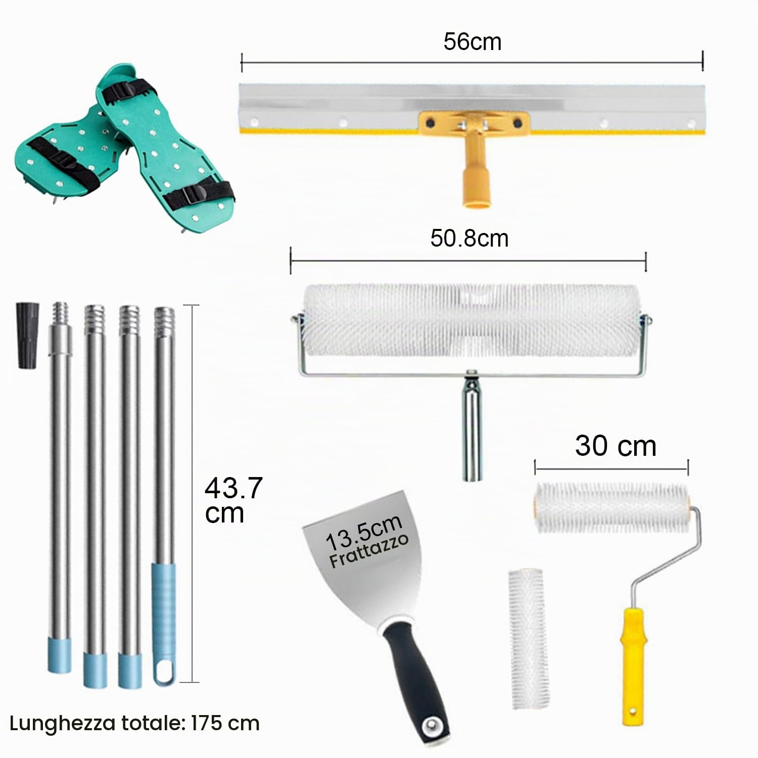 Kit di Strumenti Autolivellante per Pavimenti,Asta Telescopica 175 cm,Grandi Superfici 56cm,Rullo Frangibolle 13mm,Scarpe Chiodate Punta Lunga 3 cm,con Rullo Pittura,per Livellare Parete Pavimento