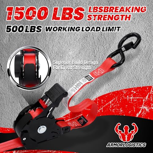 Image of Retractable Ratchet Straps 4 Pack, 1 in x 12 FT Auto Ratchet Straps for Motorcycle, Kayak and Trucks, Breaking Strength 1,500LBS /500LBS Working Load Limit Red