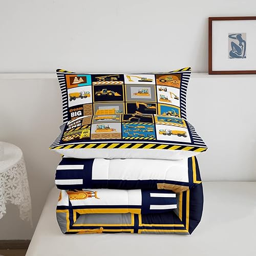 Miniatura 5 de Juego de edredón de dibujos animados de camiones, tamaño Queen, edredón de plumón de excavadora de tractor grúa para niños, ropa de cama kawaii,