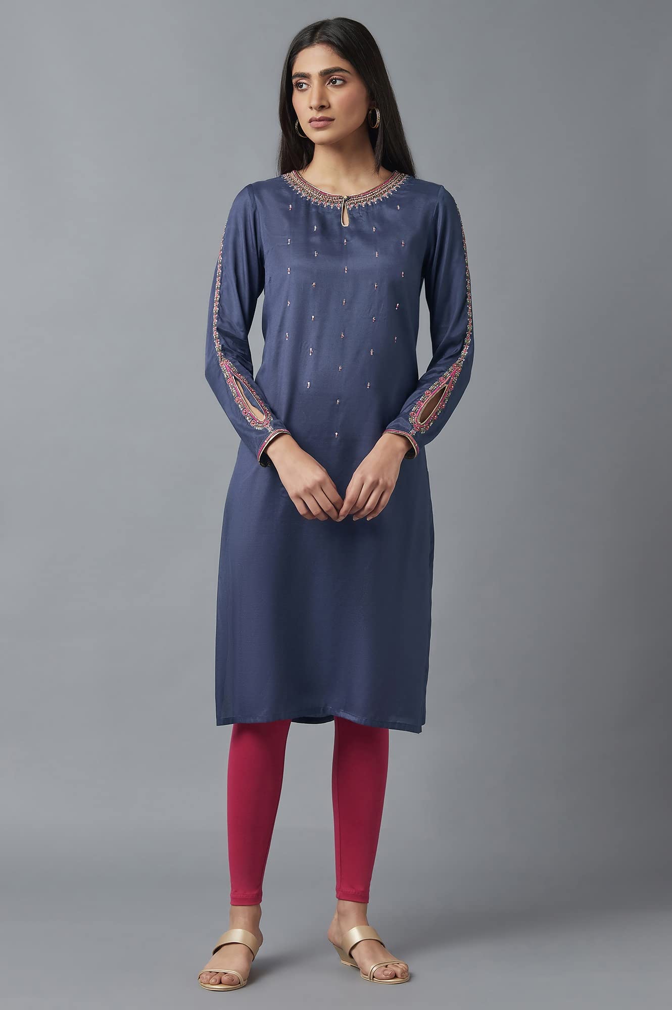 W For Woman Women's Viscose Solid Regular Kurta (22Fes10855-216215_Smokey Blue_L)