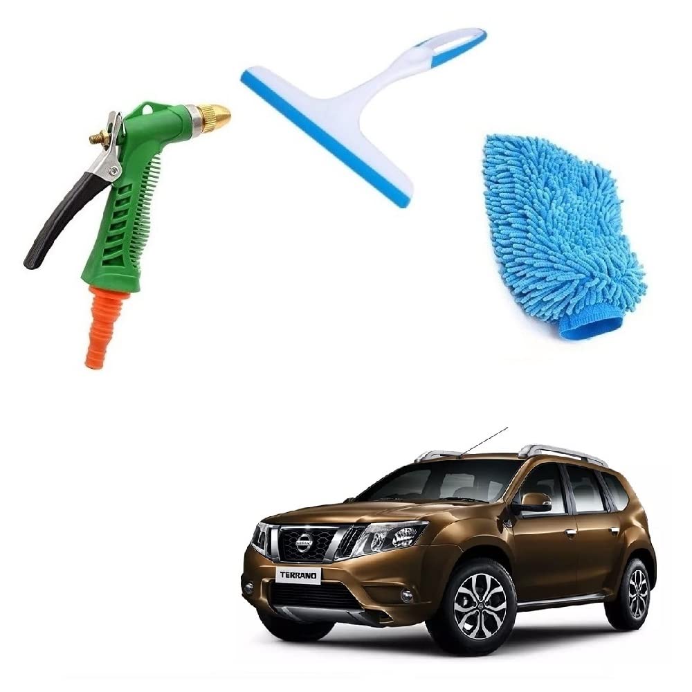 Combo of 3 Car Washing Water Spray Shower with Microfiber Cloth Glove & Glass Cleaning Mini Wiper Universal Random Colour Suitable for Nissan Terrano-image-37