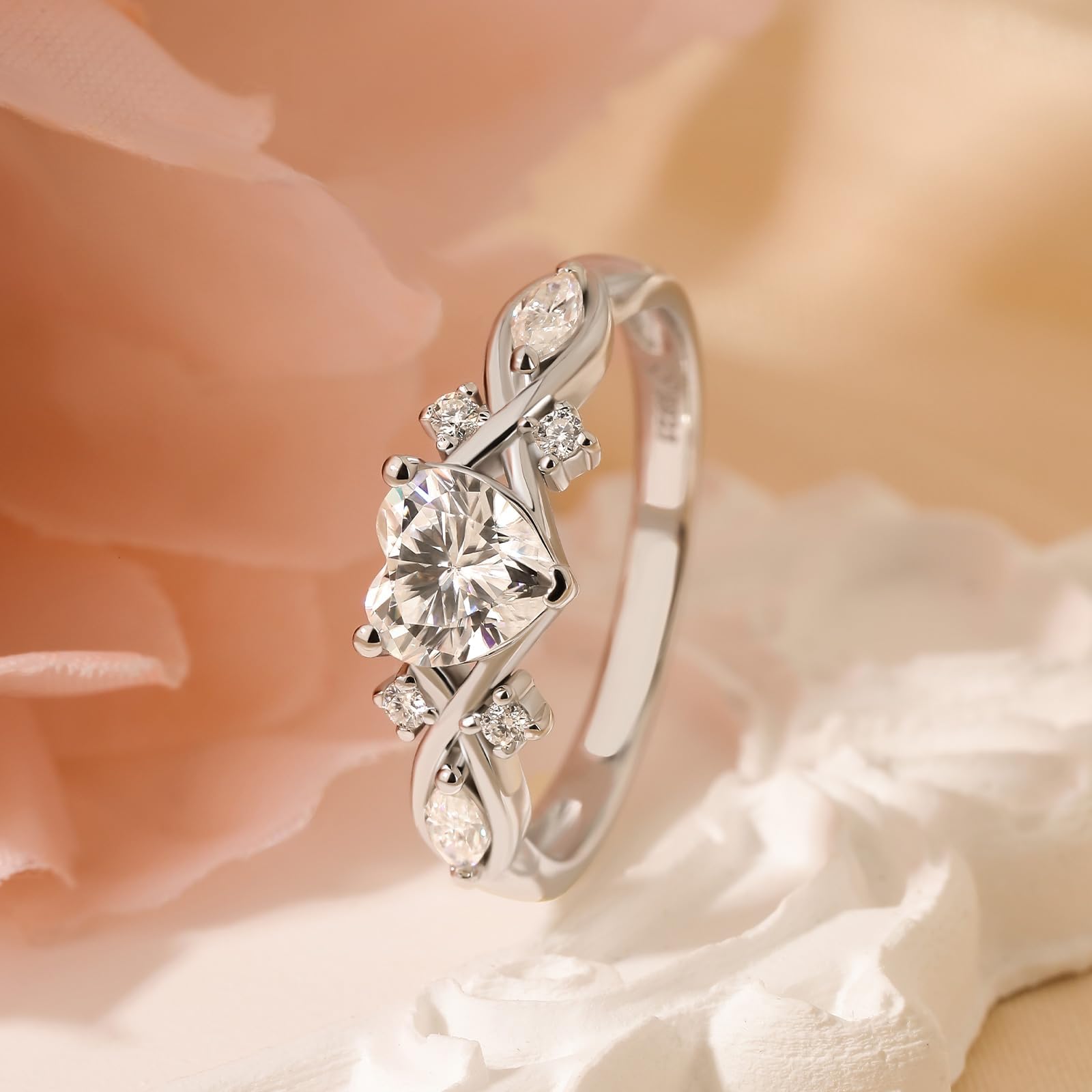 Damen Herzschliff Moissanit Ring Weinblatt Twist Bandring Marquise Stein Trauring Rundschliff Ehering Sterling Silber Herzring Retro Ewigkeitsring für Valentinstag Hochzeit