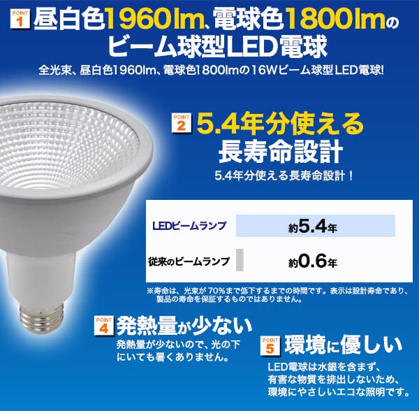 Amazon | LED LED電球 E26 100W形 ビームランプ ビーム電球 16W 白色