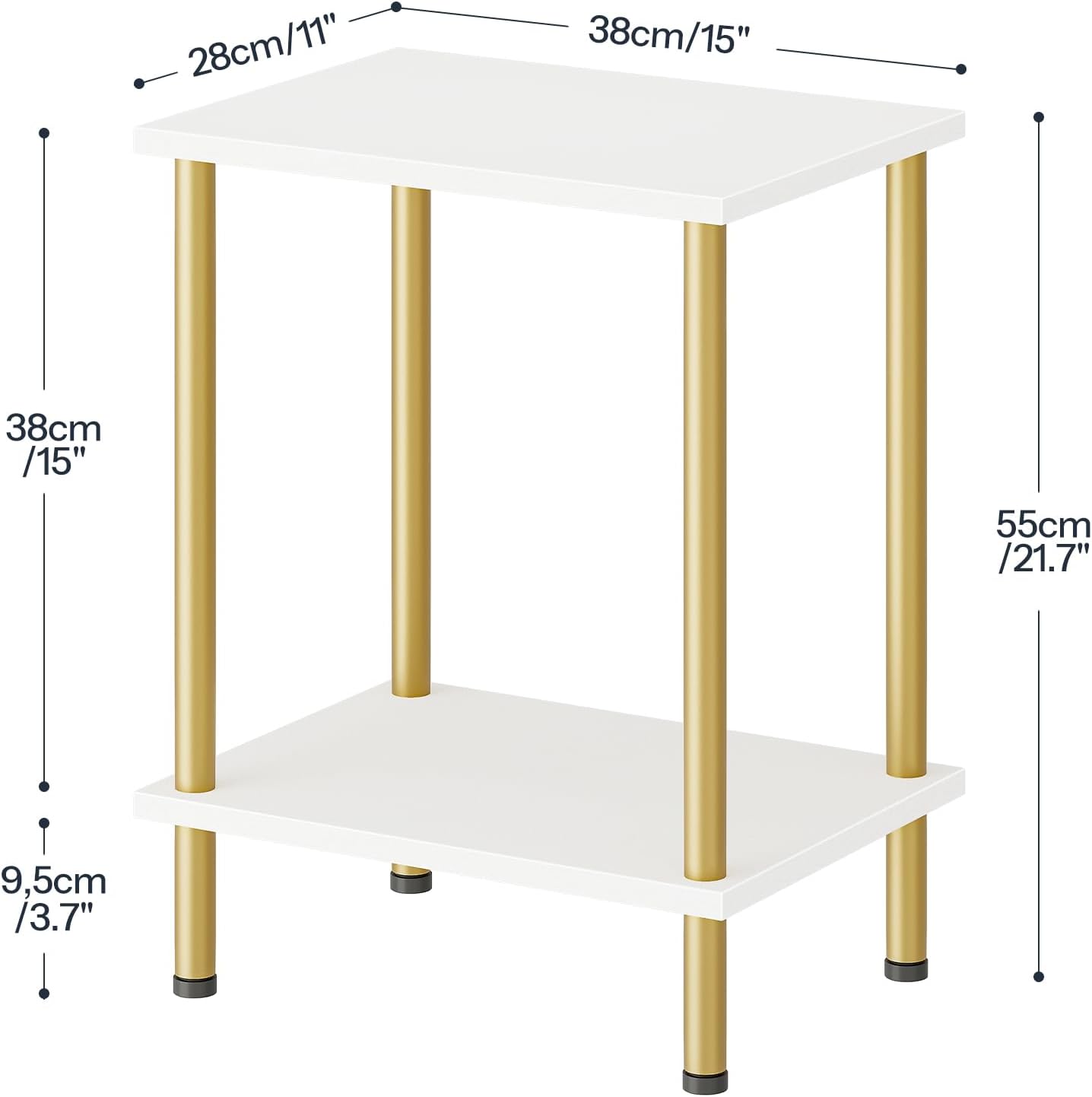 HOOBRO End Table, Small Side Table, Nightstand with 2-Layer Storage Shelves, Sofa Table for Small Spaces, Living Room, Bedroom, Stable Frame, Easy Assembly, White and Gold DW09BZ01