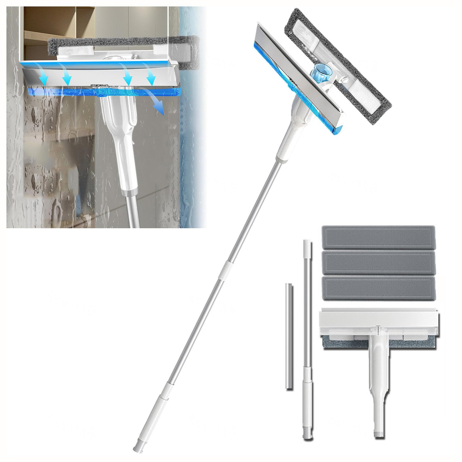 4 en 1 Spray Limpiador De Cristales con Colector De Aguas Residuales Y 3 Paños Microfibra, Limpiador De Cristales con Varilla De Extensión para Baños,Ventanas,Espejos