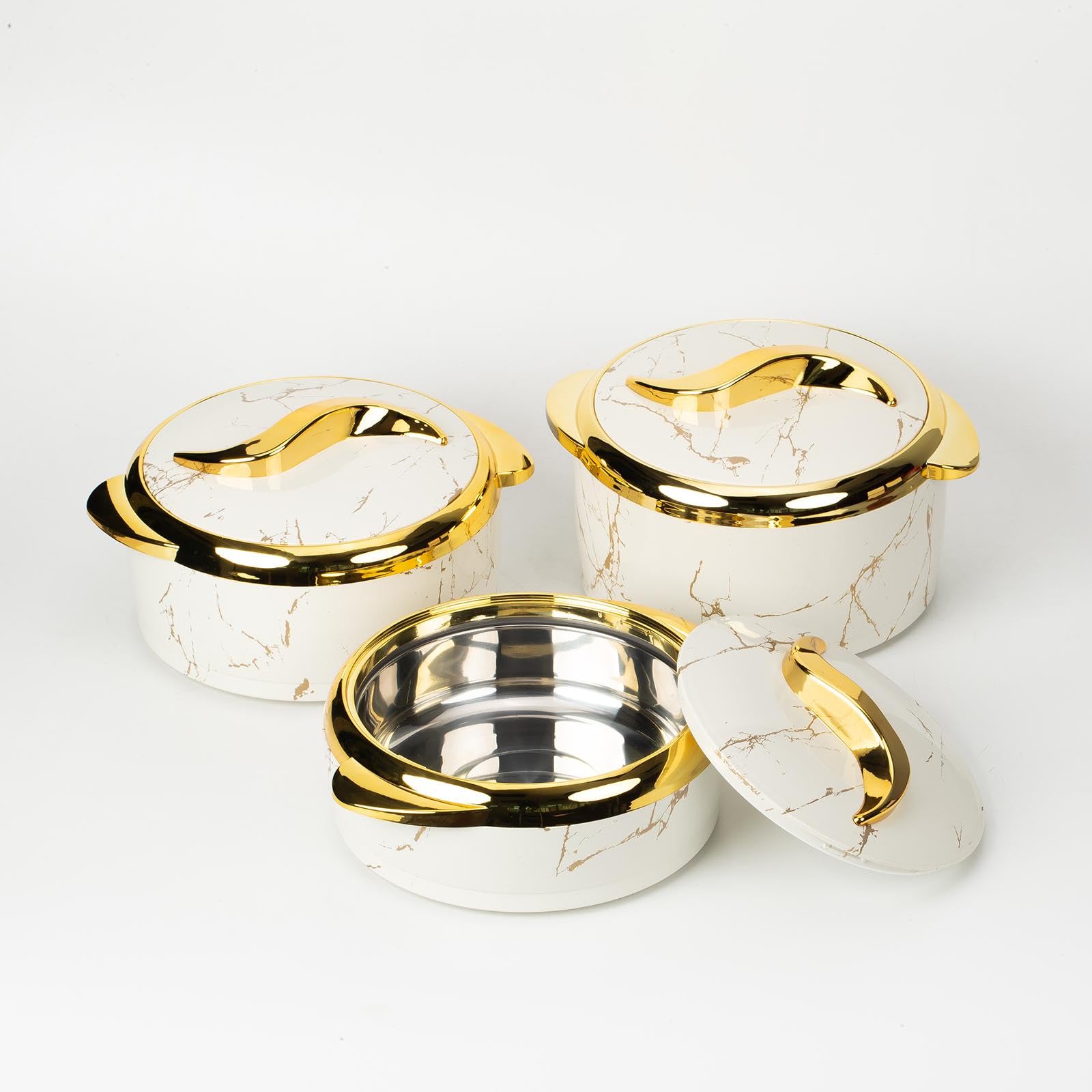 3 Teiliges Lunchbox Set Aus Edelstahl, Wiederverwendbare Schüssel mit Deckel, Hält Speisen Warm Und Kalt, Marmoriertes Weiß
