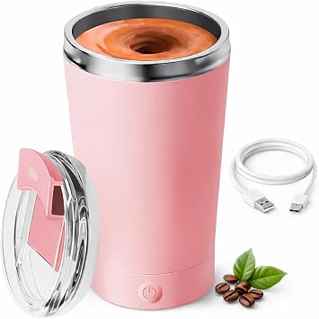 Self Stirring Coffee Mug, 13.5oz Rechargeable Automatic Mixing Cup with Magnetic Stirring Base,400ML 416 Stainless Steel Drink Mixer Mug with Lid for Coffee, Milk & Daily Beverages (Pink)
