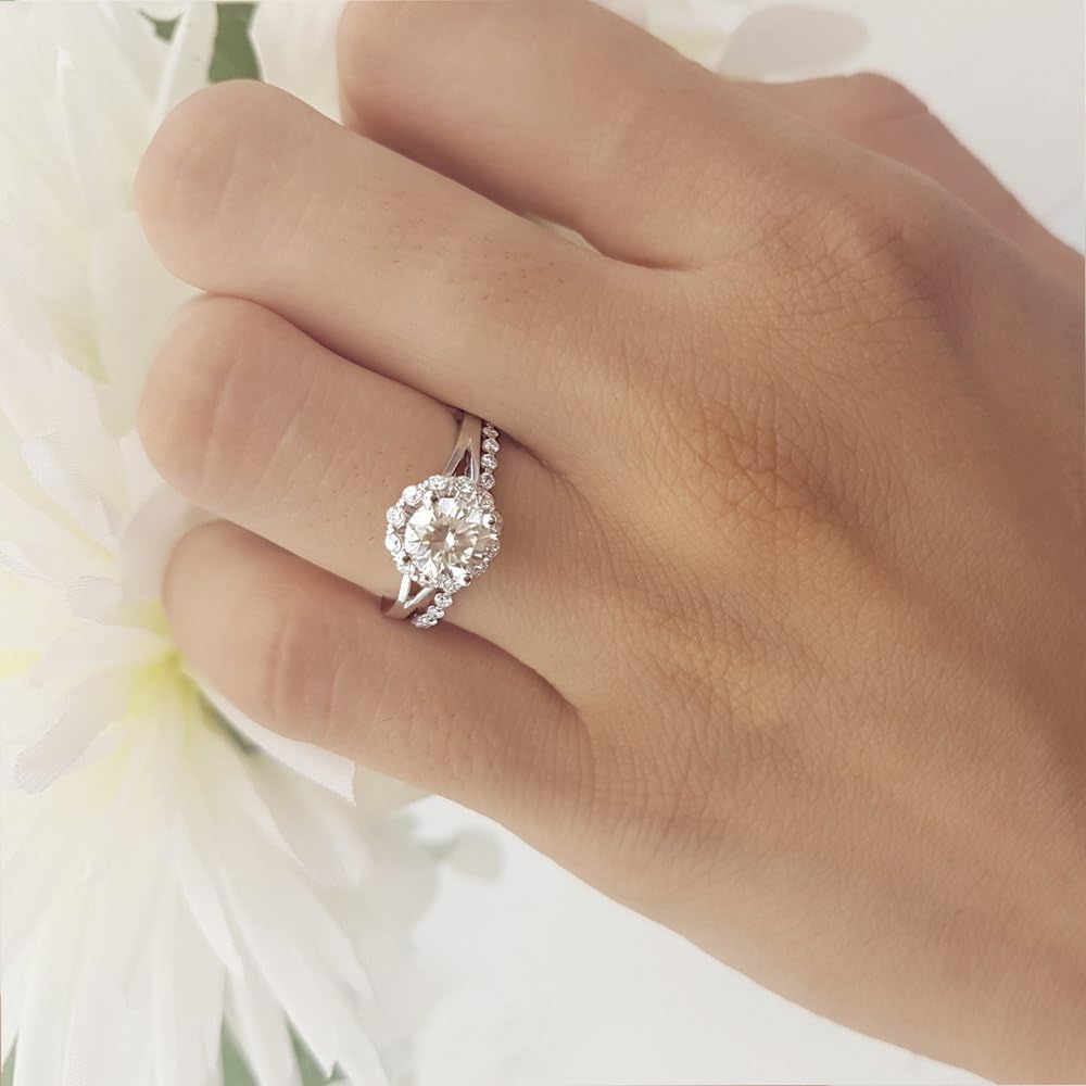 Dazzlingrock Collection 14K Real Solid Gold Round Moissanite & White Natural Diamond Halo Bridal Engagement Ring with Matching Band Set