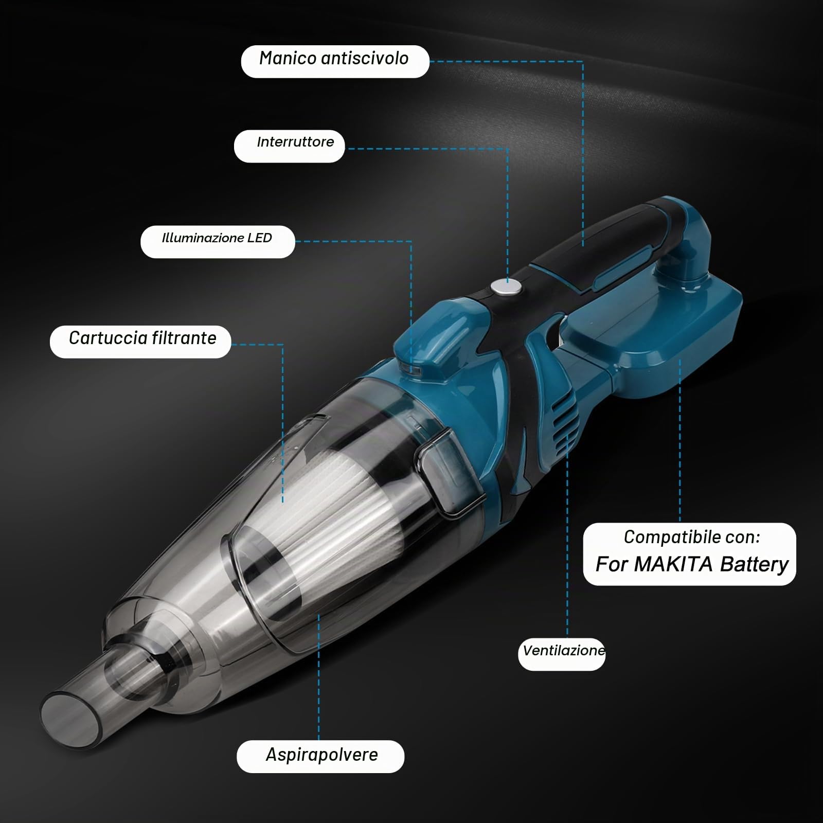 Aspirapolvere Compatibile con Batteria Makita 18 V, 10 kPa, con Bocchetta a Lancia, Ugello per Tappezzeria, Bocchetta per Pavimento, per Casa e Auto (Batteria non Inclusa)