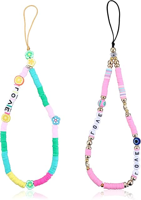 Sibba 2Pcs Phone Charms Beaded Phone Chain Rainbow Clay Beads Mobile Phone Lanyard String Keychain Evil Eye Love Flower Wrist Strap Bead Phone Chains Accessories For Women Girls