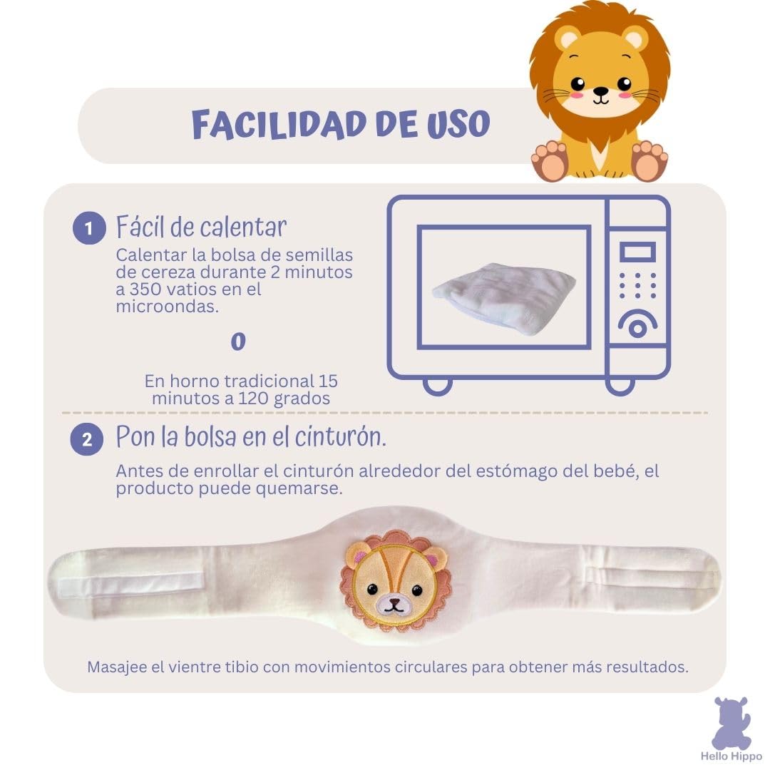 Hello Hippo - Saco de Semillas de Cereza para Bebé - Cinturón Anticólicos con Calor Seco, Microondas o Horno, Hipoalergénico y Lavable (Léon)