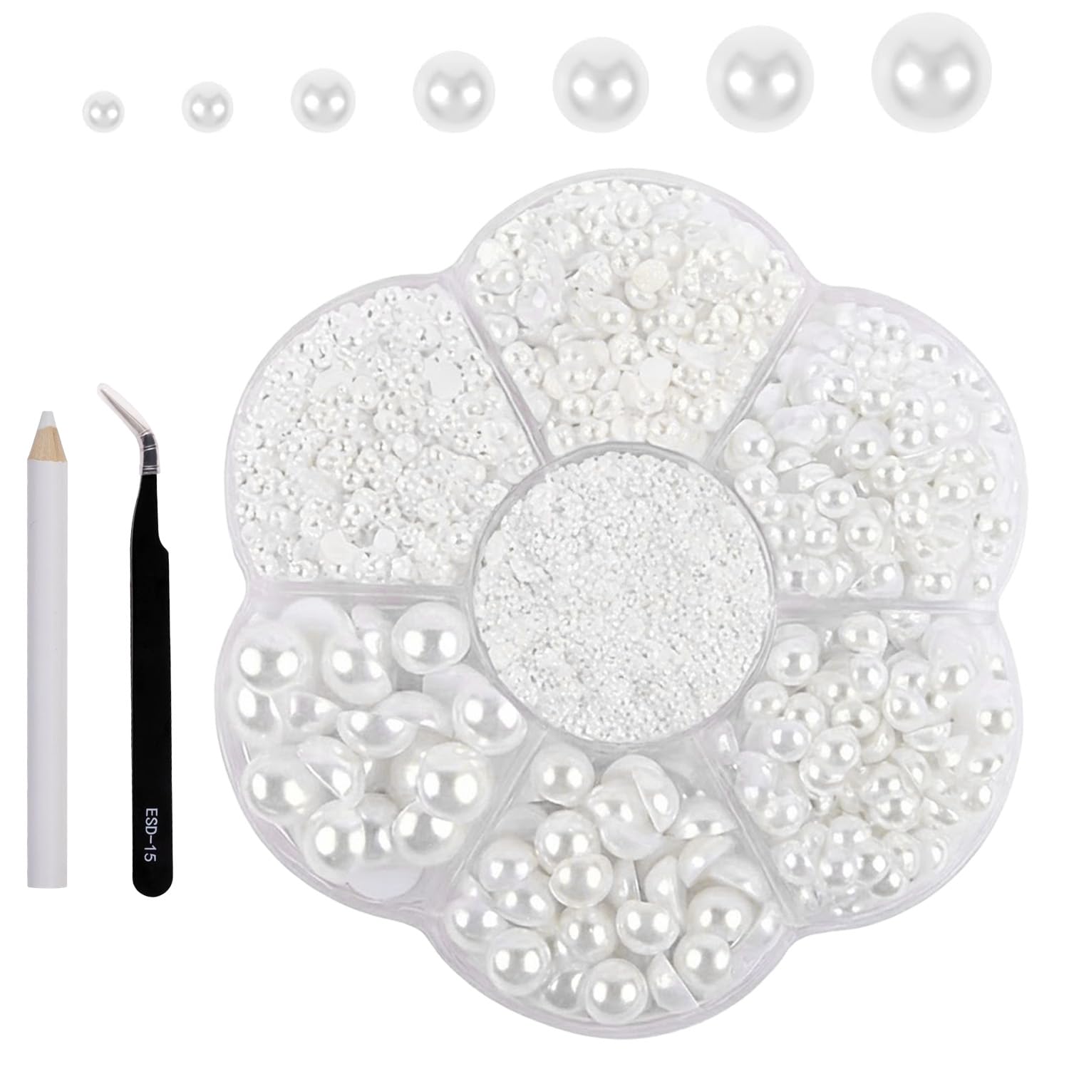 5600Pcs Flat Back Pearls Kit, 2/3/4/5/6/8/10mm Half Round Pearls with Picker Pencil and Tweezer for Crafting, Wedding, Nail Art, Jewellery Making, Facial Makeup, Phone Case (White)