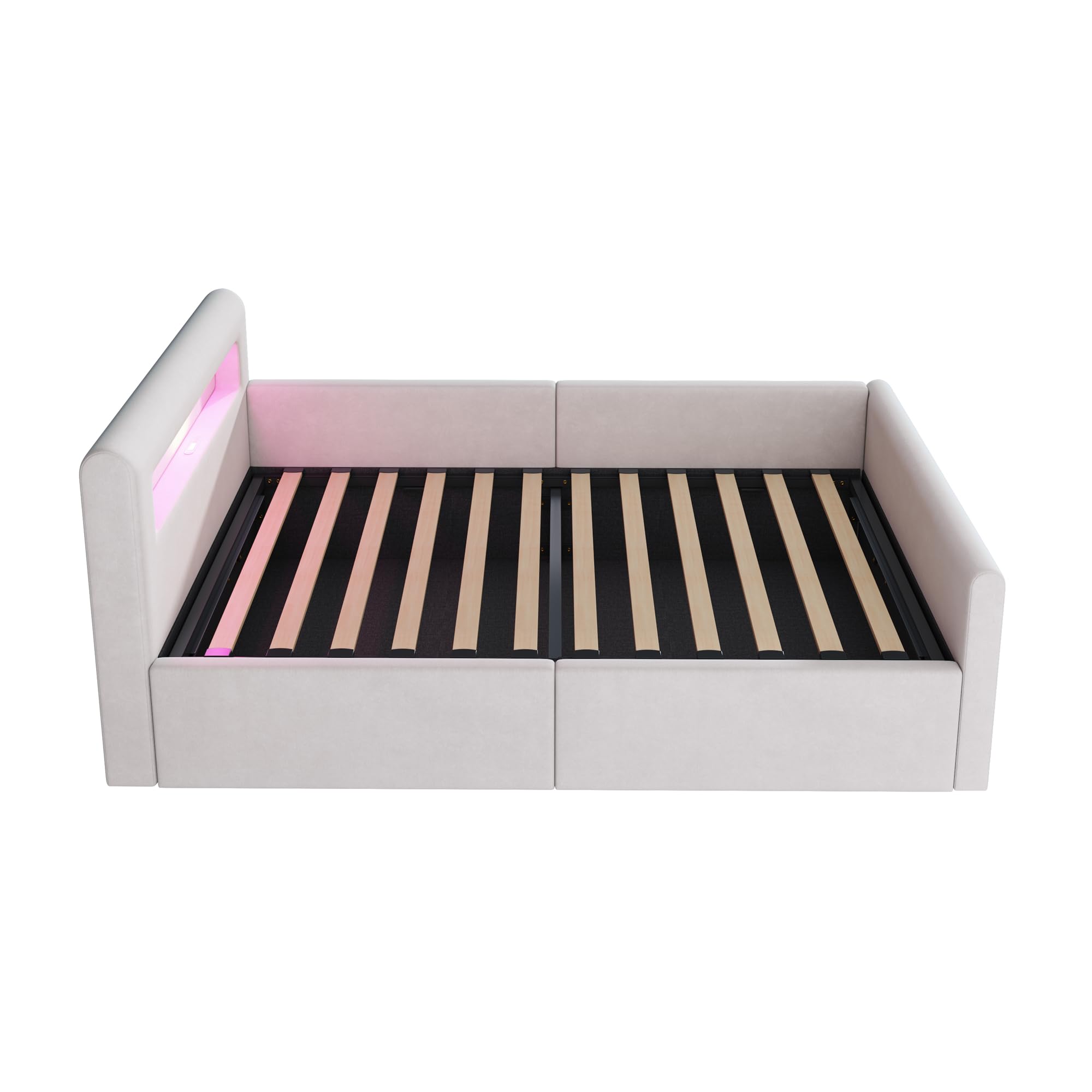 Lubvtti Letto singolo imbottito 90×200cm, Letto contenitore con luce LED e porta USB, Con vano portaoggetti, Letto per bambini con vano contenitore idraulico, Velluto, Beige (materasso non incluso)
