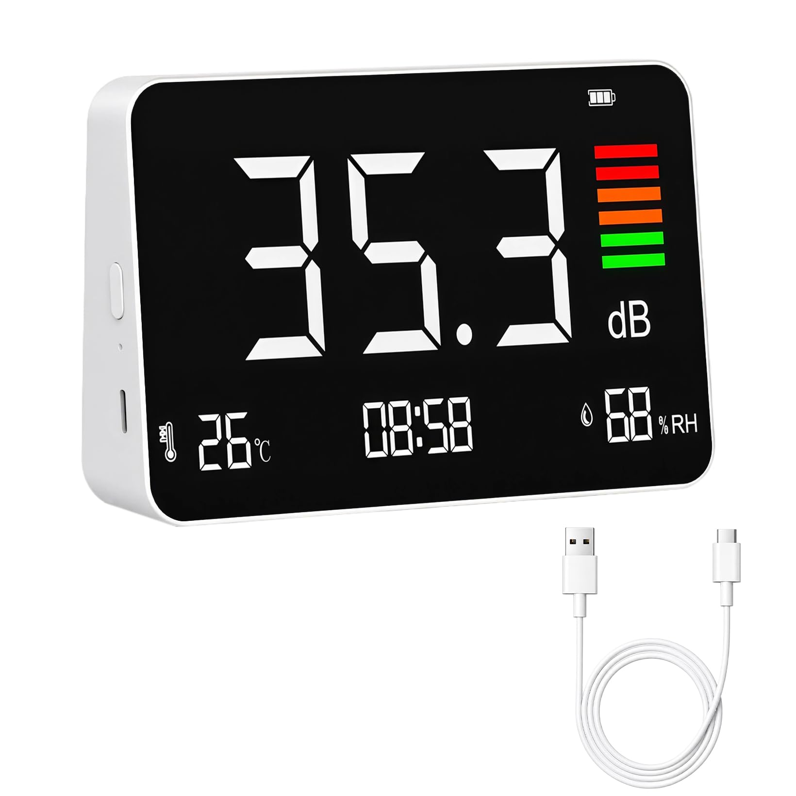 Misuratore di decibel, misuratore di livello acustico digitale con indicatore di temperatura, umidità, ora, misuratore di rumore portatile per ufficio e sonno