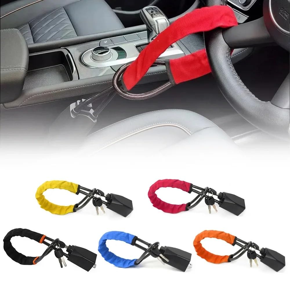 Antirrobo para volante Bloqueo de volante de coche, hebilla de seguridad antirrobo, bloqueo de Cable de acero, bloqueo de cuerda extensible, bloqueo de rueda de dirección del vehículo(Yellow)