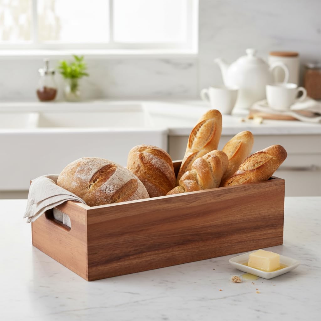 Deconox Akasya Ağacı Ekmeklik & Çok Amaçlı Organizer Kutu – 25x14x8 cm El Yapımı Doğal Ahşap Servis