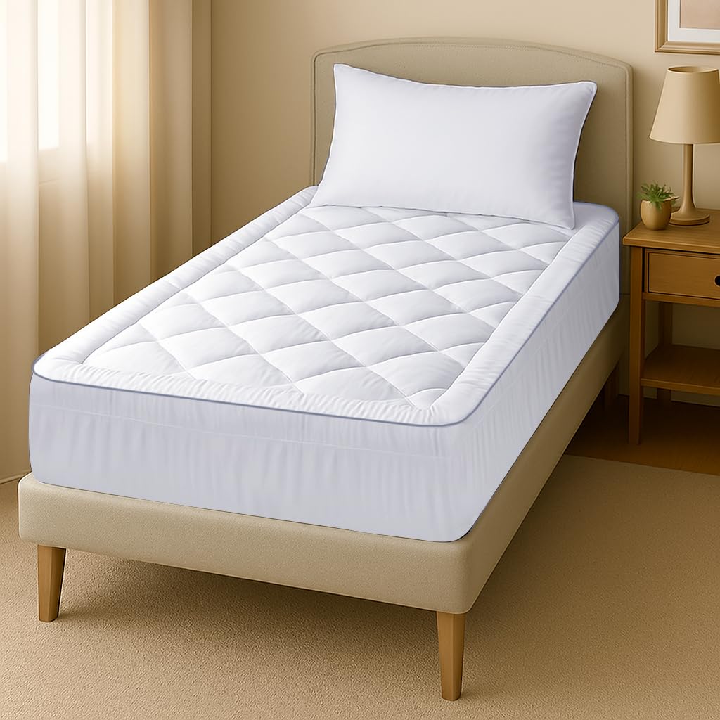Acrali Home Quilted Mattress Topper Single Bed, UltraSoft 100% Virgin Hollow 6cm Fiber Filling, Non-Slip Deep 40 cm Fitted Skirt Hypoallergenic, Breathable, Luxury Hotel Quality Feel for Restful Sleep