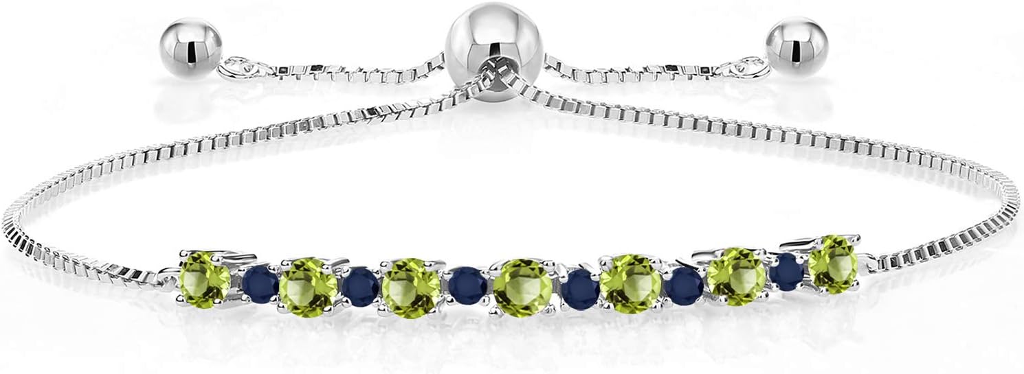 Gem Stone King 925 Sterling Silver Round Green Peridot and Blue Sapphire Tennis Bracelet for Women | 1.02 Cttw | Adjustable Bolo Bracelet For Women | Easy-On Easy-Off