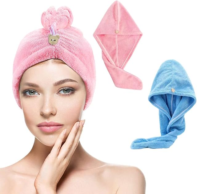 2 Pcs Hair Drying Towels Wrap Microfibre Hair Towel Wrap Super Absorbent Twist Hair Turban with Button Design for Women and Girls Drying Hair Pink Blue