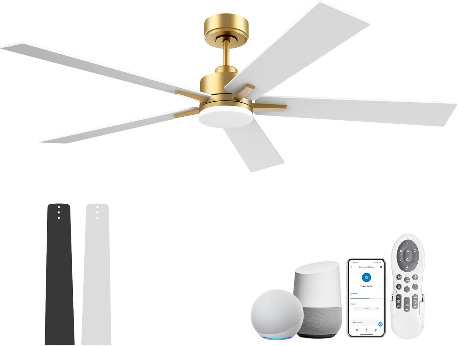 60" Smart Ceiling Fan with Lights Remote,Control via Alexa Google Voice App Wifi,Quiet DC Motor,Dimmable,Outdoor Indoor Modern Ceiling Fans for Large Bedroom Living Room Patio Porch,Gold Black White