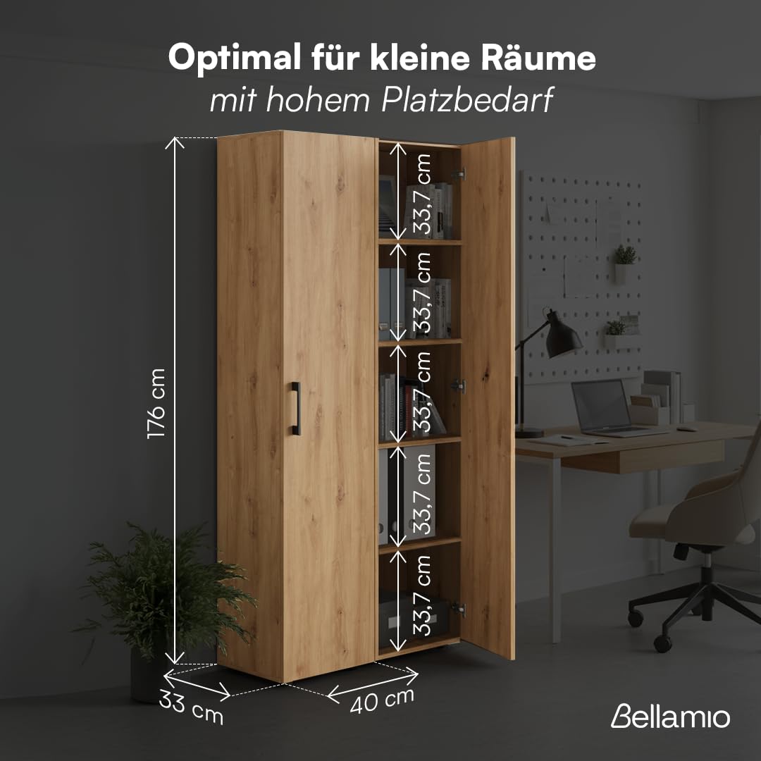 Bellamio Apol Aktenschrank 40 cm, mit 5 Fächern, Eichenoptik aus Holz | Mehrzweckschrank breit, Hochschrank schmal, Aufbewahrungsschrank & beidseitig montierbare Tür, Büroschrank, Flurschrank