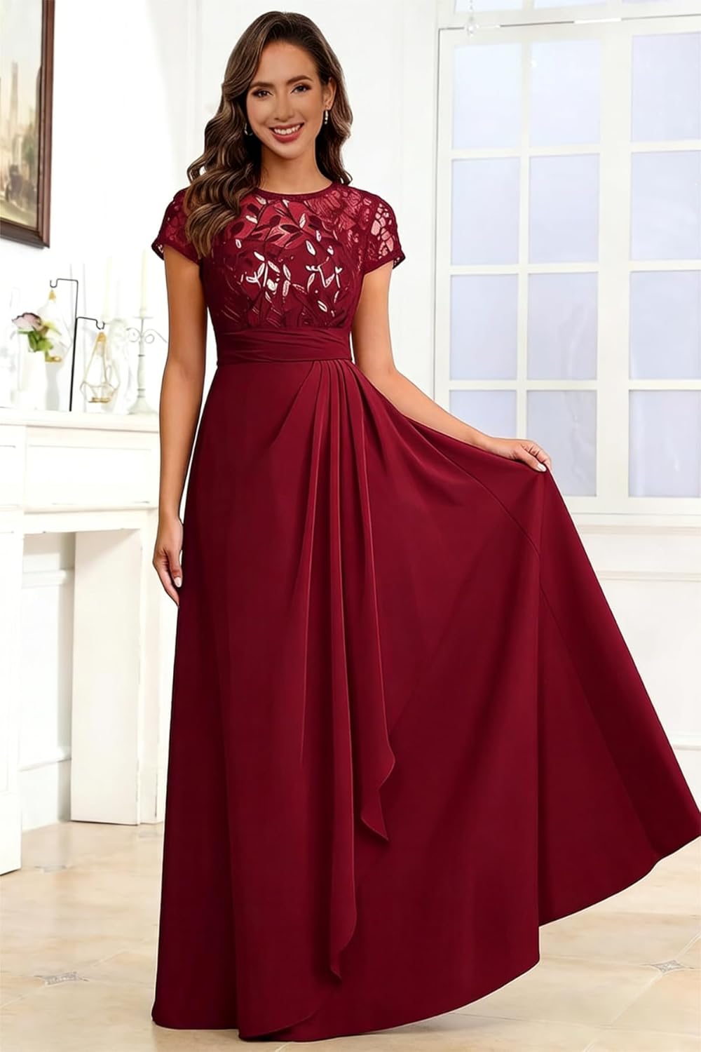 Lace Applique Mother of Bride Dress for Women 2026 Chiffon Short Sleeve Ruffle Formal Evening Dresses